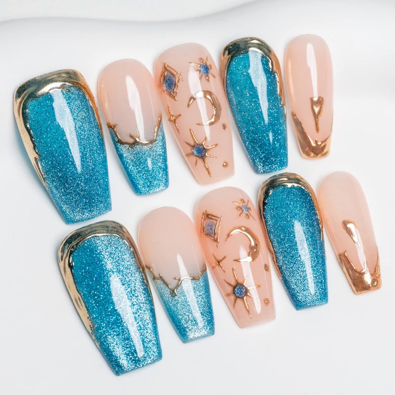 SunBeam Nails Handmade PressOn Medium Long Coffin Ballerina with Pink Blue Gold Color 3D Design Charm Cat Eye Cute False Nail Tips 10 Pcs 82 S FNHM082SAU